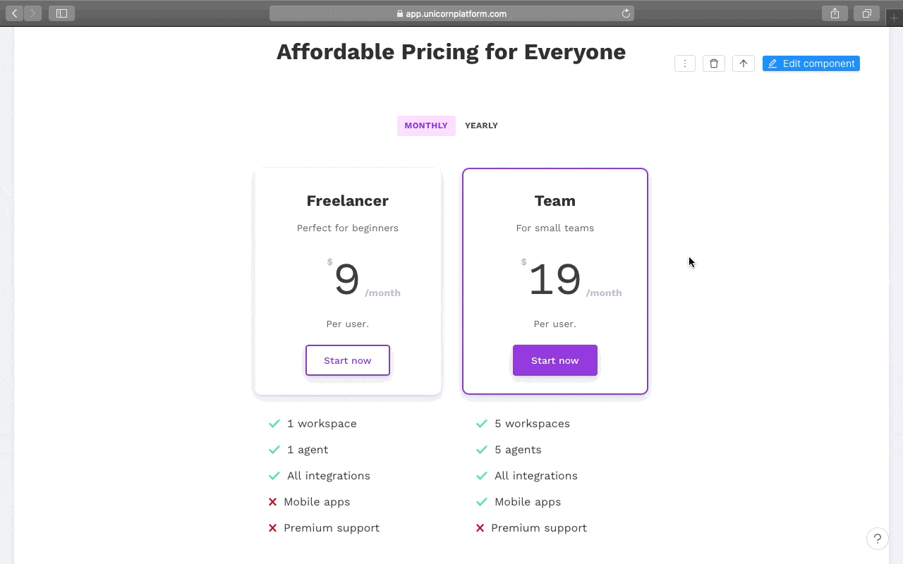 Unicorn Platform Stripe integration animated