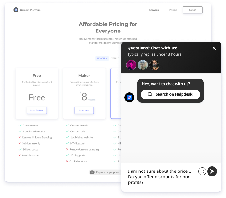 Unicorn Platform chat support 1